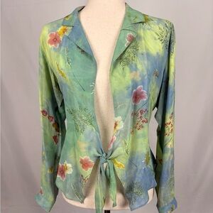 Floral Tie-Front Blouse in Green and Blue